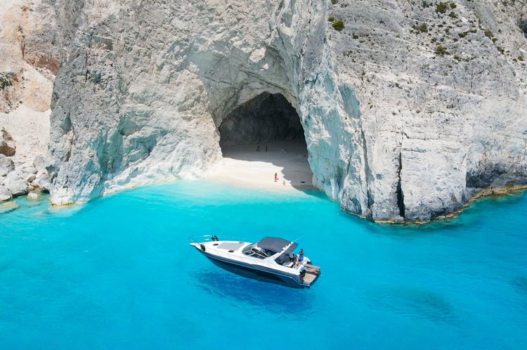 Luxury yacht cruising the Zakynthos coastline