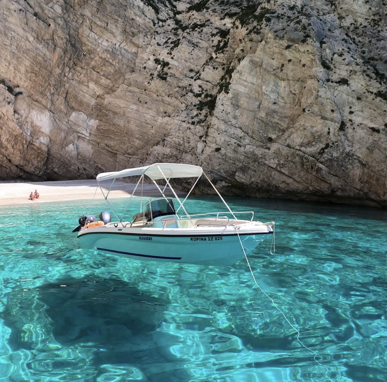 Navagio Shipwreck Beach in Zakynthos viewed from the boat anchorage