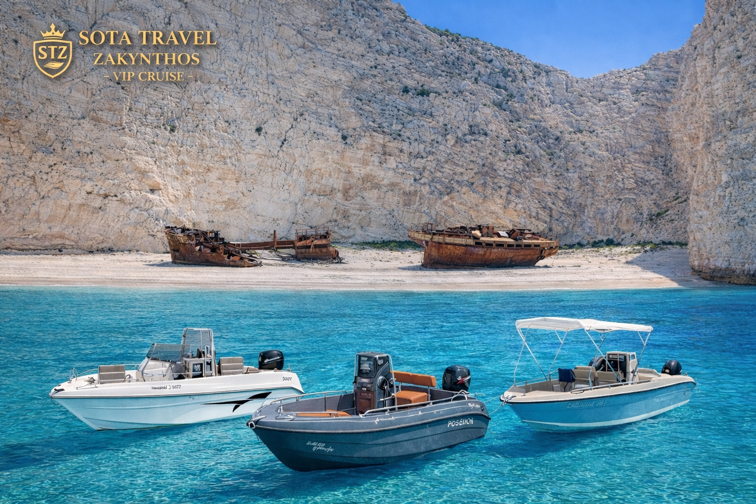 Self drive boats at Shipwreck Beach Zakynthos